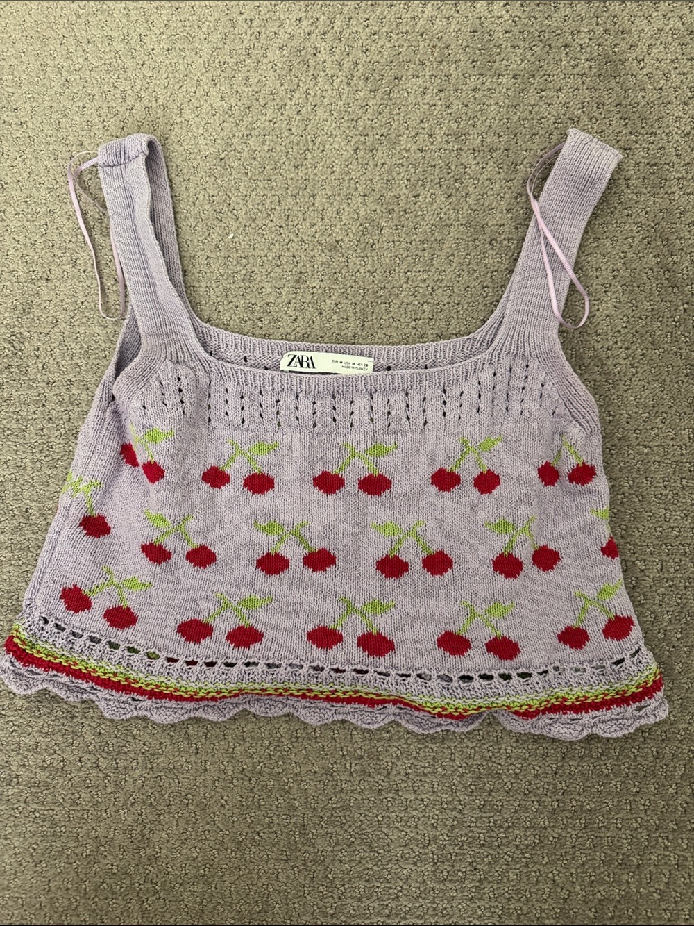 Zara Lavender Knit Cherry Tank with Red & Green Accents
